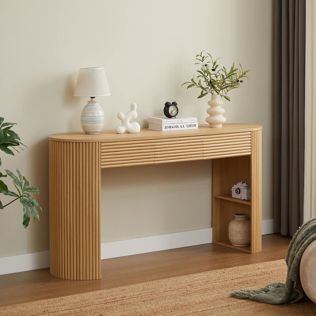 Retro Console Table with Storage, 3 Drawers, 1 Table-Leg Niche, Round Slat Aesthetic, Entryway, Living Room & Hallway