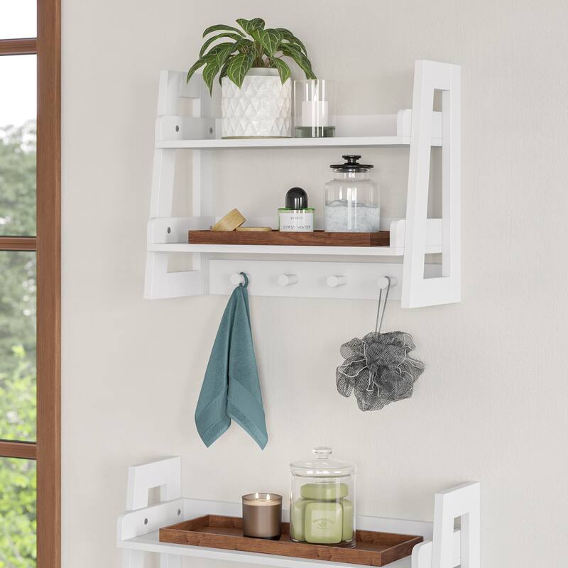 RiverRidge Amery 2-Tier Ladder Shelf with Hooks and Open Shelves for Bathroom, Entryway, and Living Room - White