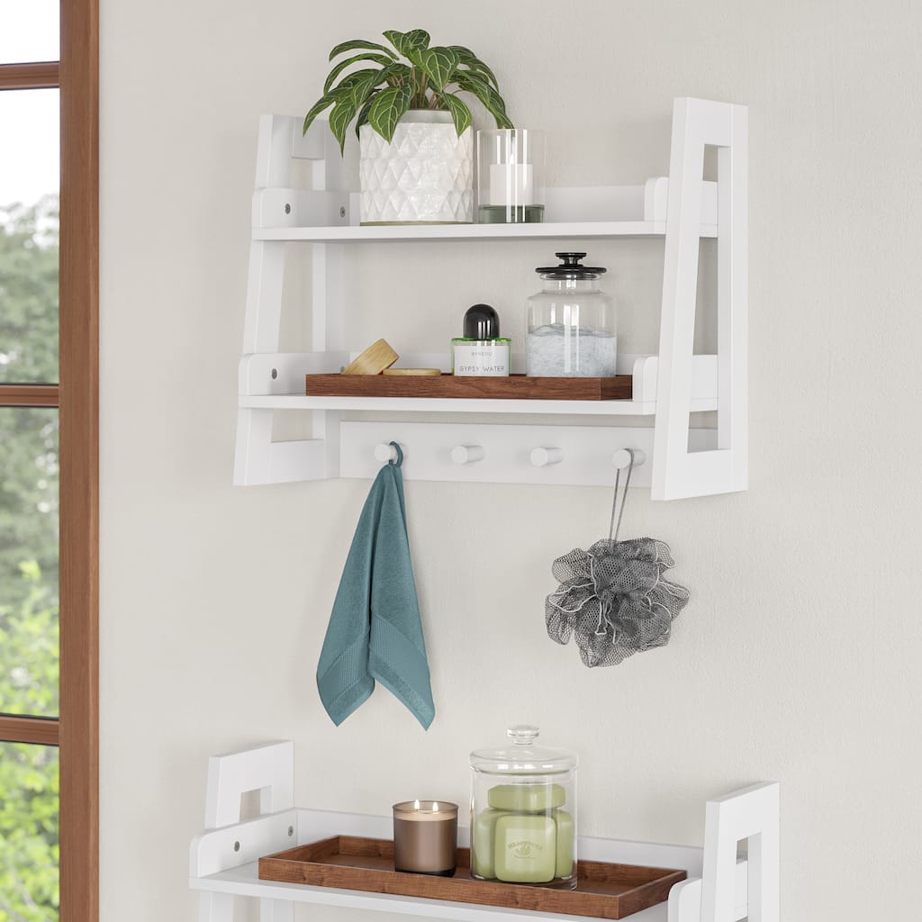 RiverRidge Amery 2-Tier Ladder Shelf with Hooks and Open Shelves for Bathroom, Entryway, and Living Room - White