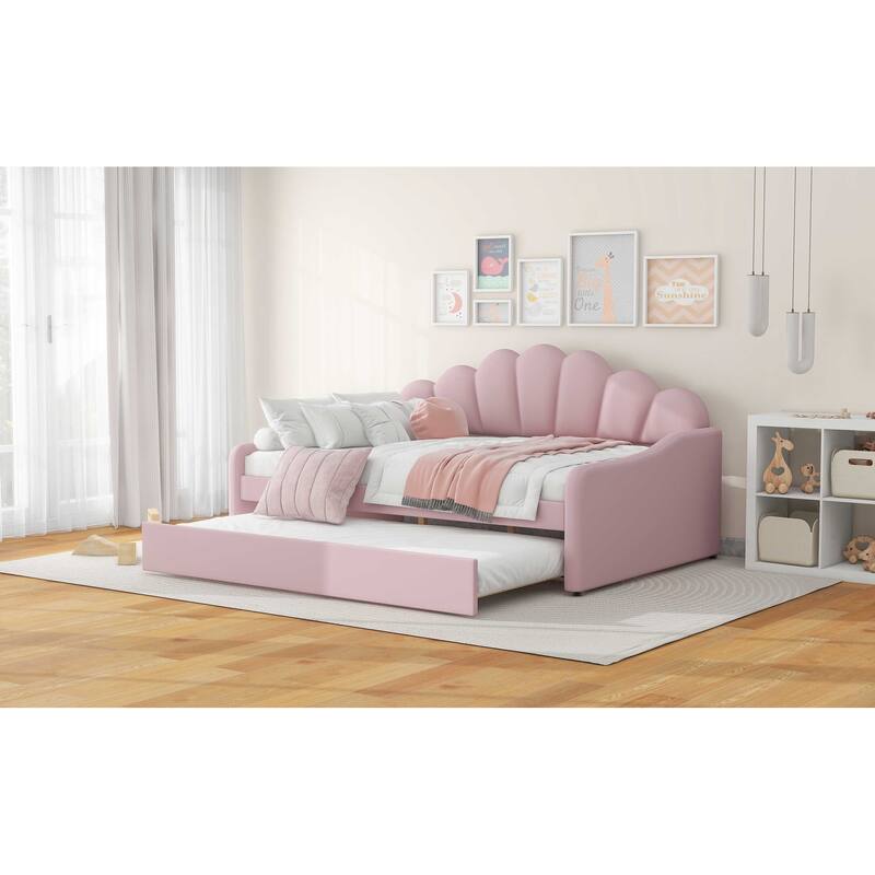 Pink Full Size Velvet Upholstered Daybed with Trundle and Shaped Backrest
