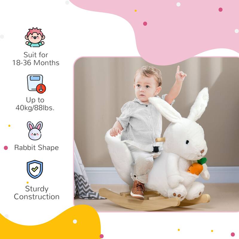 Rabbit Rocking Ride-On with Sounds, Soft Velvet Body, Safety Belt & Foot Pedals for Toddlers - 88lbs Capacity