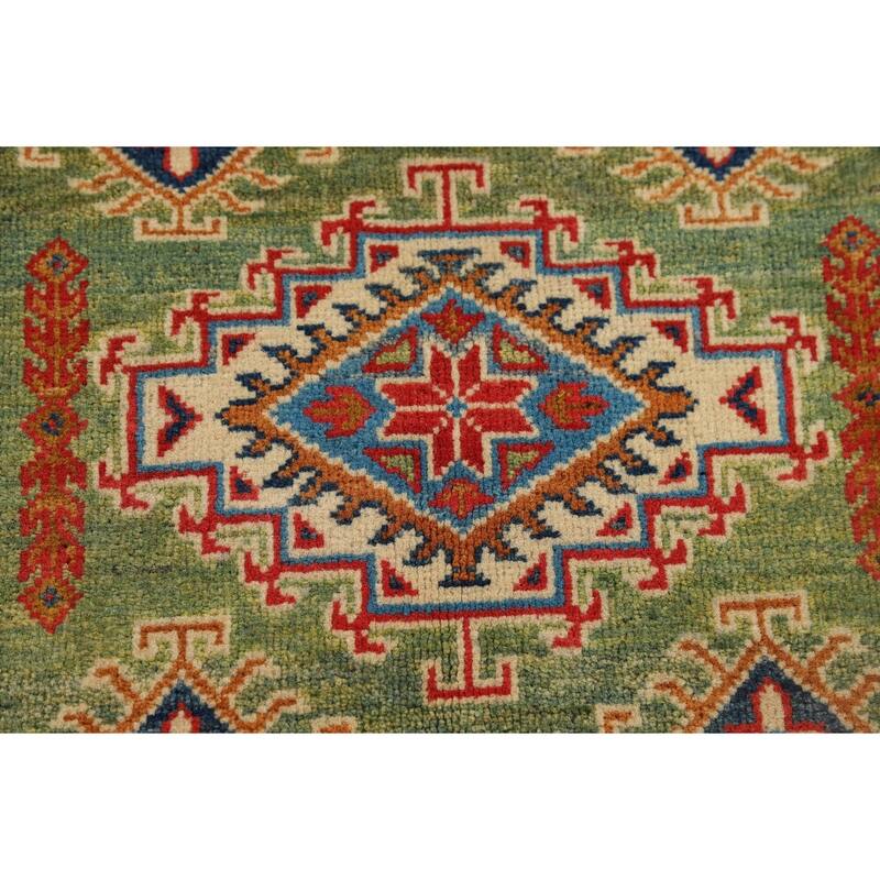 Light Green Kazak Oriental Accent Rug Handmade Wool Carpet - 3'2" x 4'11"