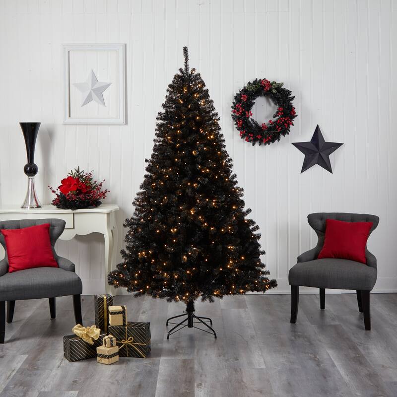 7ft Black Christmas Tree Pre-Lit - Artificial Holiday Tree with Clear Lights & Bendable Branches - 84