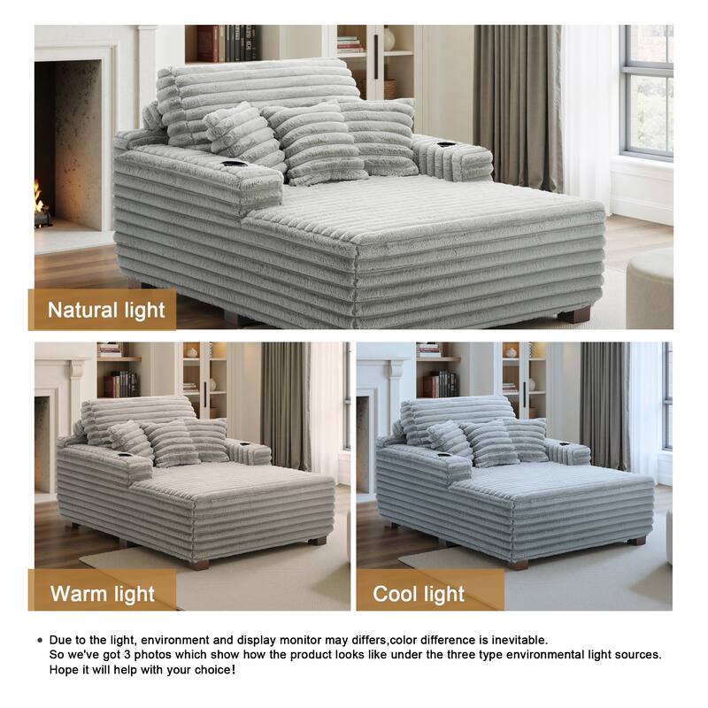 53"W Oversized Plush Fur-Like Chaise Lounge Sofa with Cup Holder