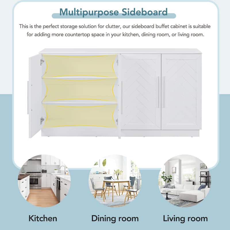 4 Door Buffet Cabinet Sideboard with Adjustable Shelves and Silver Handles