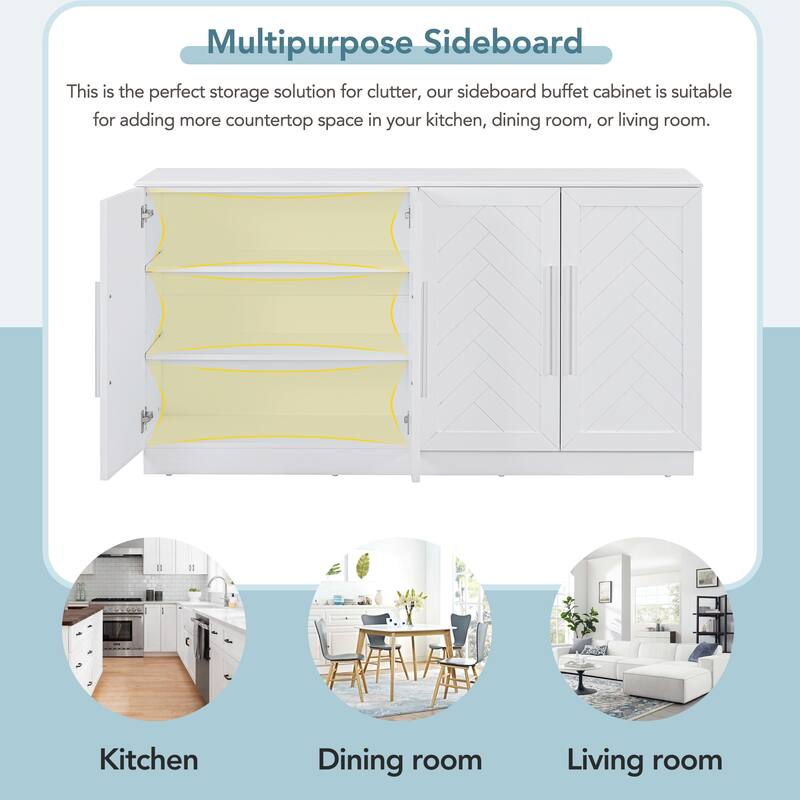 Wooden Sideboard with 4 Doors, Coffee Bar Cabinet with Adjustable Shelves, Storage Cabinet with Silver Handles