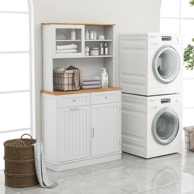 Gymax Double Tilt Out Trash Cabinet w/ Hutch Kitchen Pantry Storage