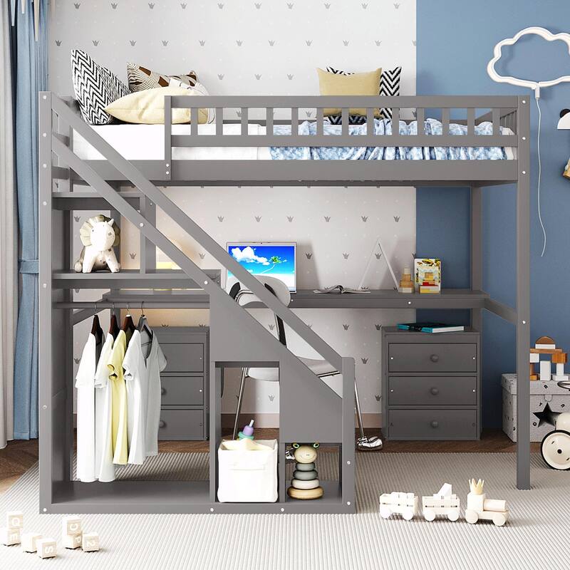 Loft Bed with Two Chest of Drawers, Integrated Desk, and LED Light Strip