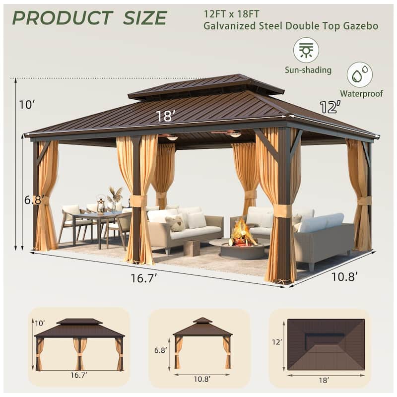 Hardtop Gazebo, Aluminum Frame Permanent Pavilion with Curtains and Netting, Outdoor Double Roof for Patios