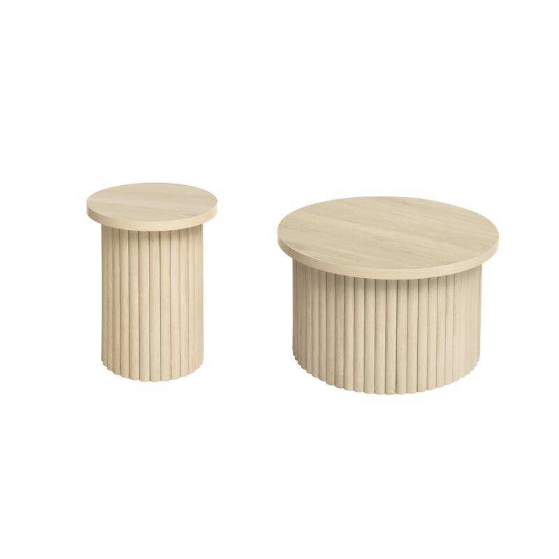 Round Coffee Table Modern Side Table with Wood Grain Vertical Stripe Coffee Table Legs Foot Pad, for Living Room