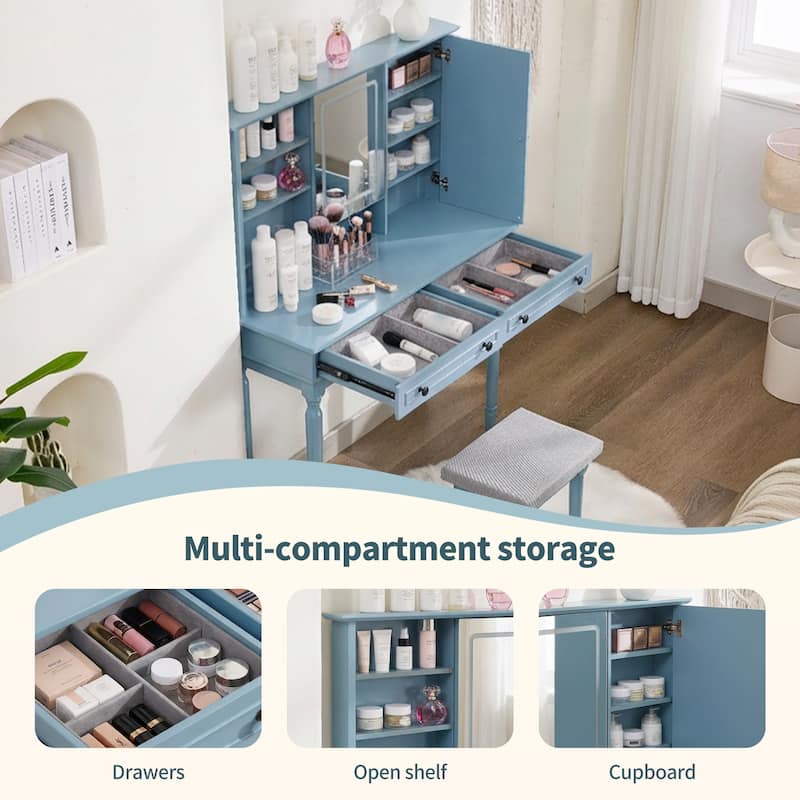 Vanity Desk with Adjustable Lighted Mirror & Upholstered Stool