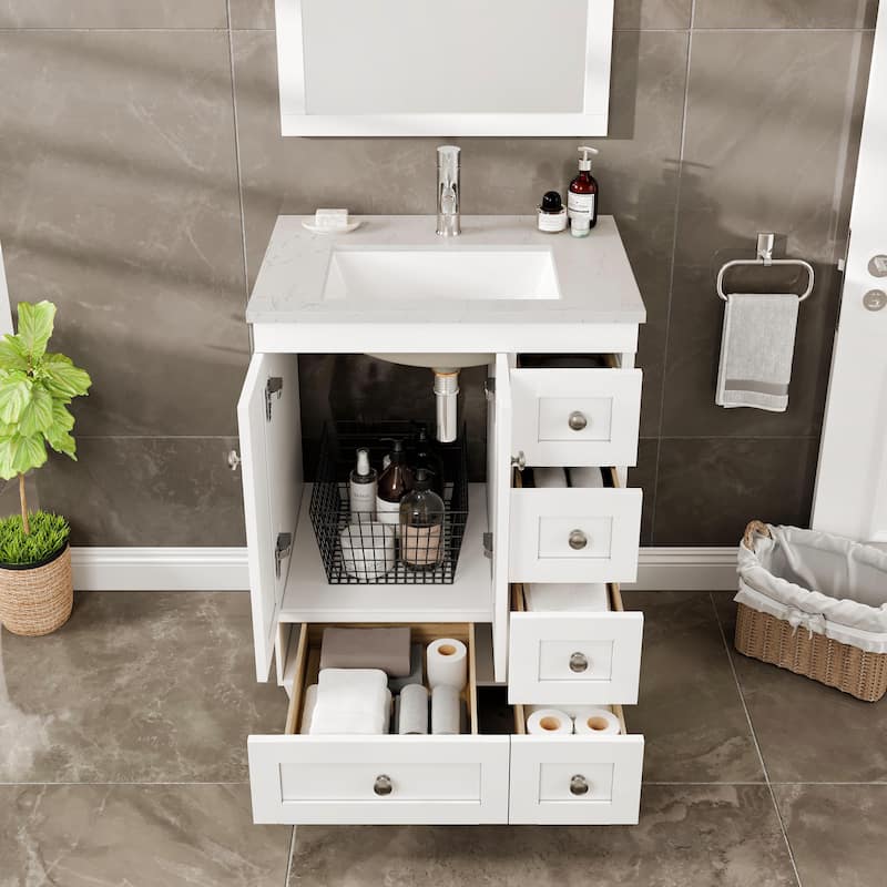 Eviva Happy 24"W x 18"D White Bathroom Vanity with White Carrara Quartz Vanity Top and Rectangular Undermount Sink - N/A
