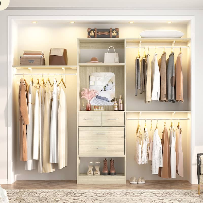 25'' - 96" W Closet System with 4 Wooden Drawers and Mirror, Walk-in Closet Organizer Kits with 3 Extendable Hanging Rods - With Wing Shelves - Washed Oak