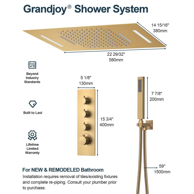 GRANDJOY LUXURY Shower System 22"x15" Ceiling Mount Rainfall & Waterfall Shower Head with Handheld Spray Como 64 Colors LED