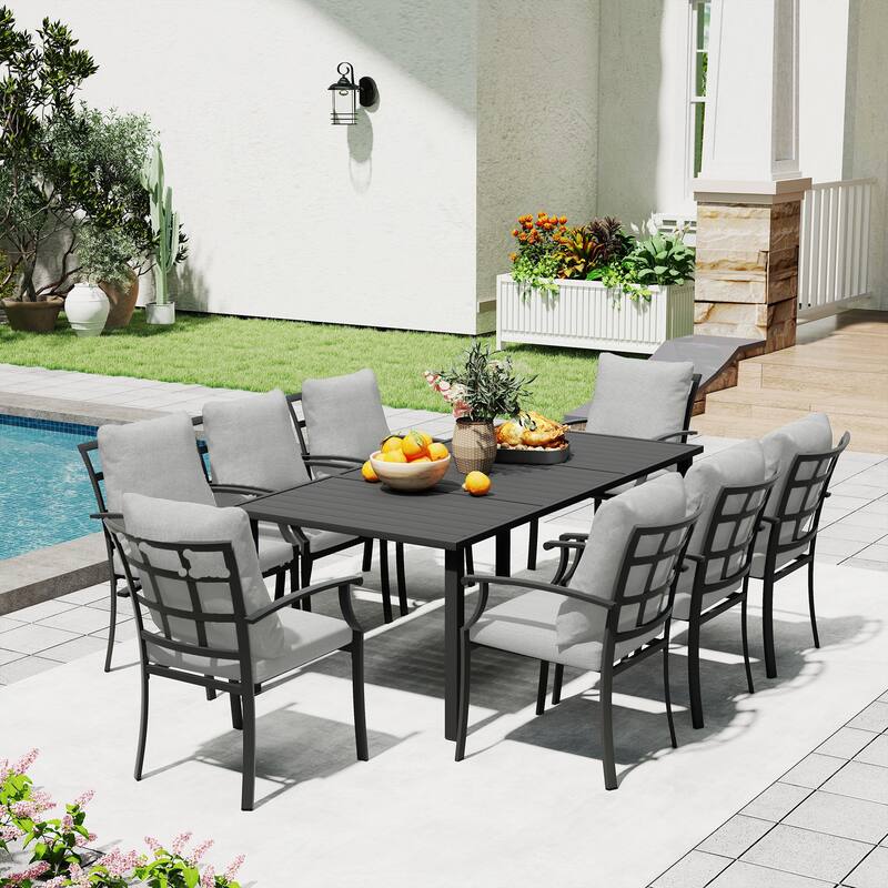 IvyGlow 9-Piece Black Metal Patio Dining Set with Rectangular Table and Gray Cushions - Grey