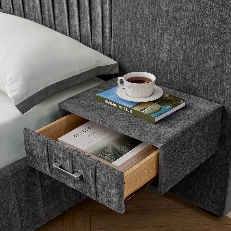 Queen Size Upholstered Bed Frame with Chenille fabric with pleated design,Grounded Queen Size Platform Bed