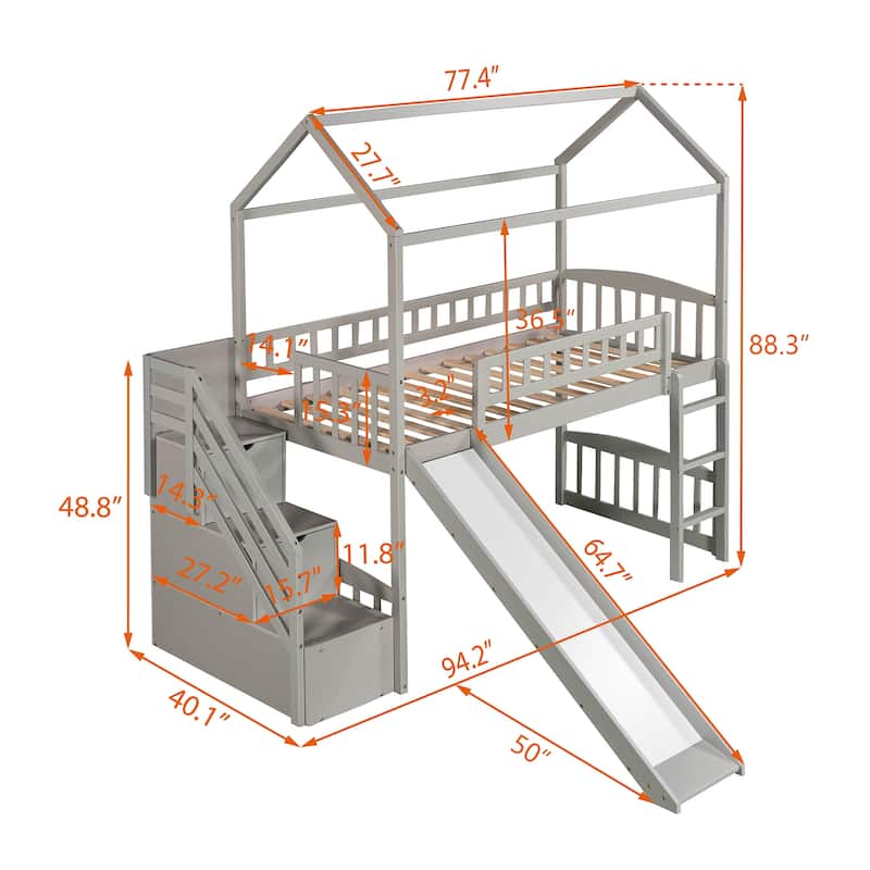 Twin Size Loft Bed with Slide, Storage Steps, and Drawers - Space-Saving Design