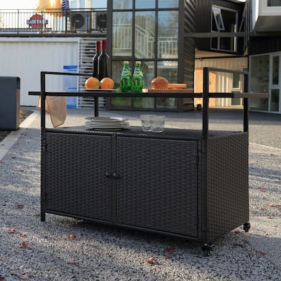 Outdoor Wicker Bar Cars with Glass Top for Porch Backyard Garden Poolside Party
