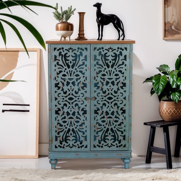 slide 2 of 16, PHI VILLA 2-door Retro Antique Hollow-Carved Storage Cabinet Blue
