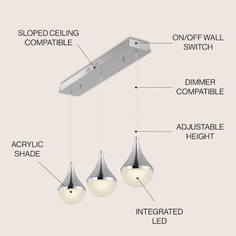Mario Teardrop Modern Mid-Century Iron/Acrylic Integrated Linear LED Pendant, Chrome/White by JONATHAN Y