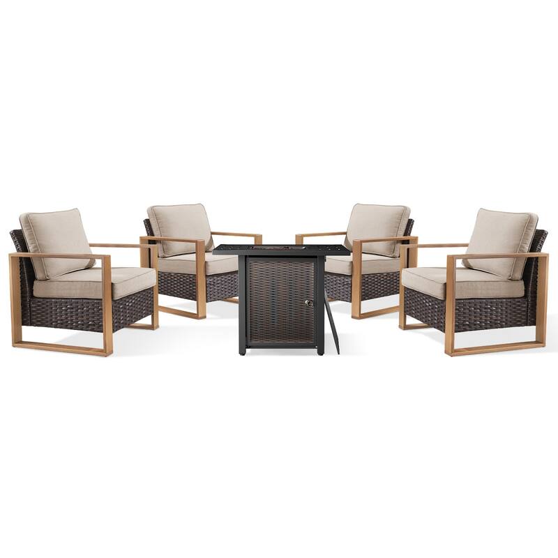 Meyreso 5-Piece Wicker Patio Conversation Set with Metal Fire Pit & Plush 4.5" Olefin Cushions