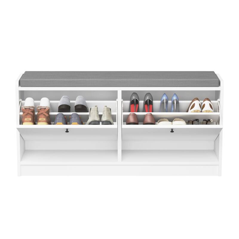 Anmytek White Storage Bench with Hooks Entryway Shoe Organizer and Living Room Seating