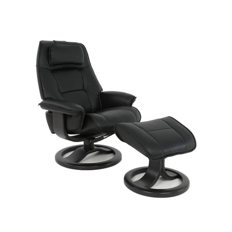 Fjords Admiral R Leather Recliner and Ottoman - Large - Black with Charcoal Base