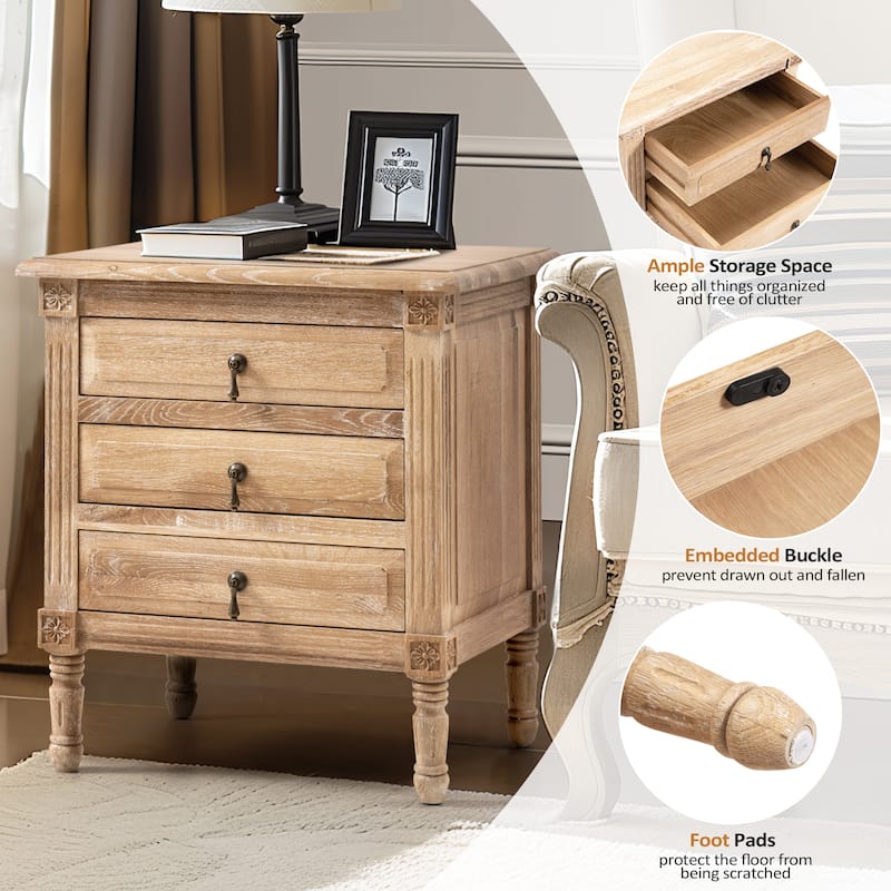 Accent Table Solid Wood Bedside Table Cabinet 3-drawer Oak Nightstand