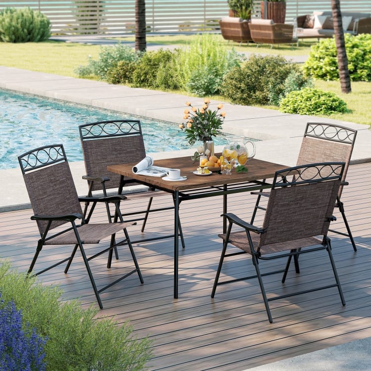 Brown Folding Patio Folding Chairs Set of 4 with Metal Frame and Ergonomic Design - 25.5" x 24" x 36" (L x W x H)