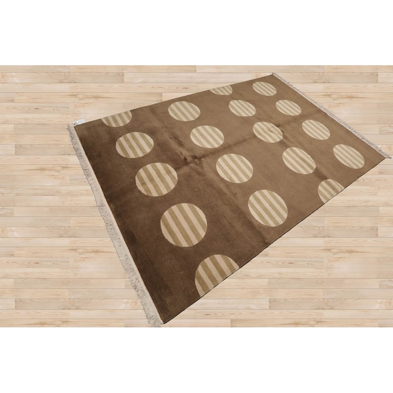 Hand Knotted Tibetan Olive Geometric Wool & Silk Art Deco Area Rug - 5' 11'' x 8' 10''