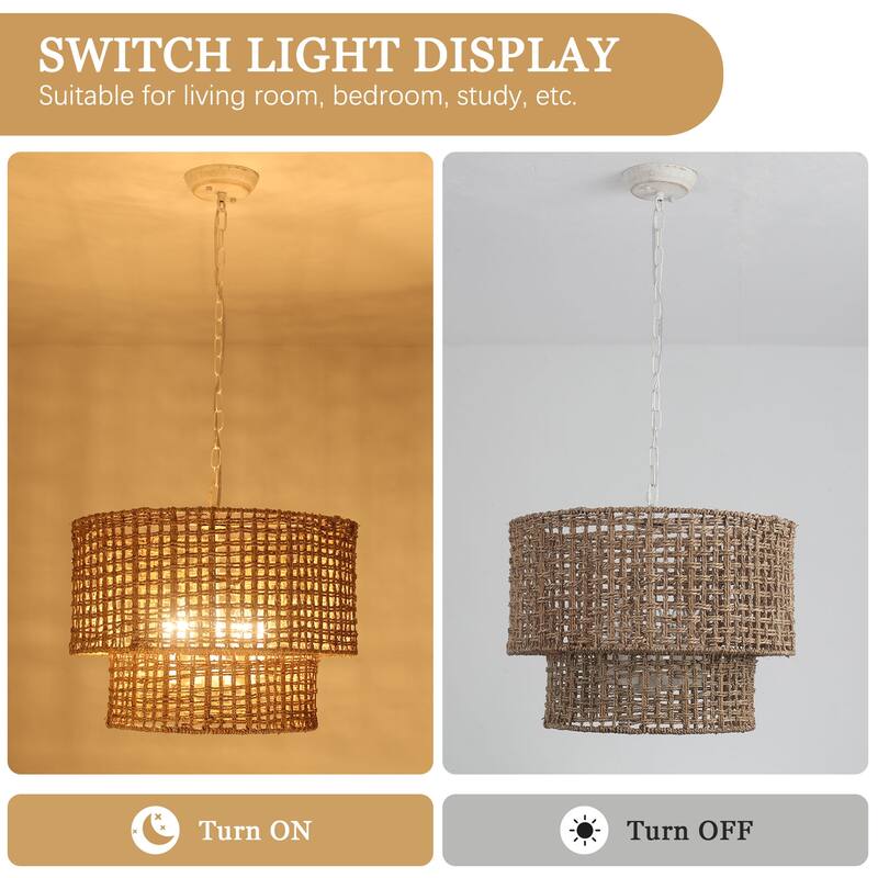 5-Light Metal 2-Tier Traditional Linear Drum Chandelier Pendant Light with Rattan Shade for Kitchen Island Dining Room