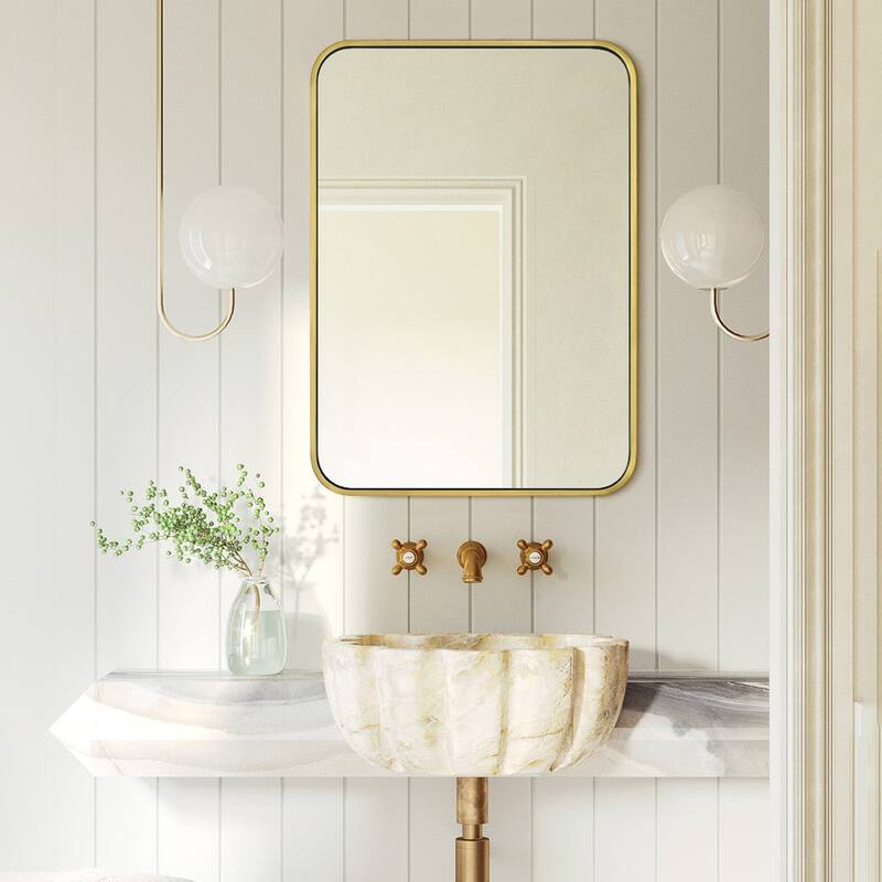 Rounded Rectangle Bathroom Vanity Mirror, Vertically/Horizontal Hanging - 20" x 28" - Brushed Gold