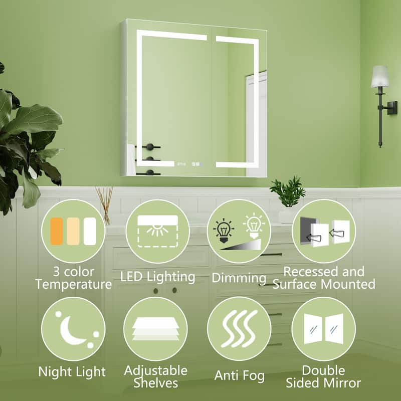 ExBrite LED Lighted Bathroom Medicine Cabinet with Mirror, Recessed or Surface