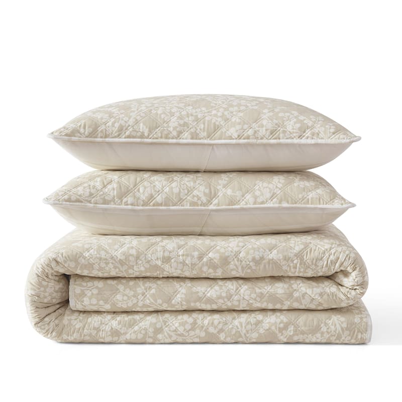 Martha Stewart Layered Branches Cotton Reversible Beige Quilt Set
