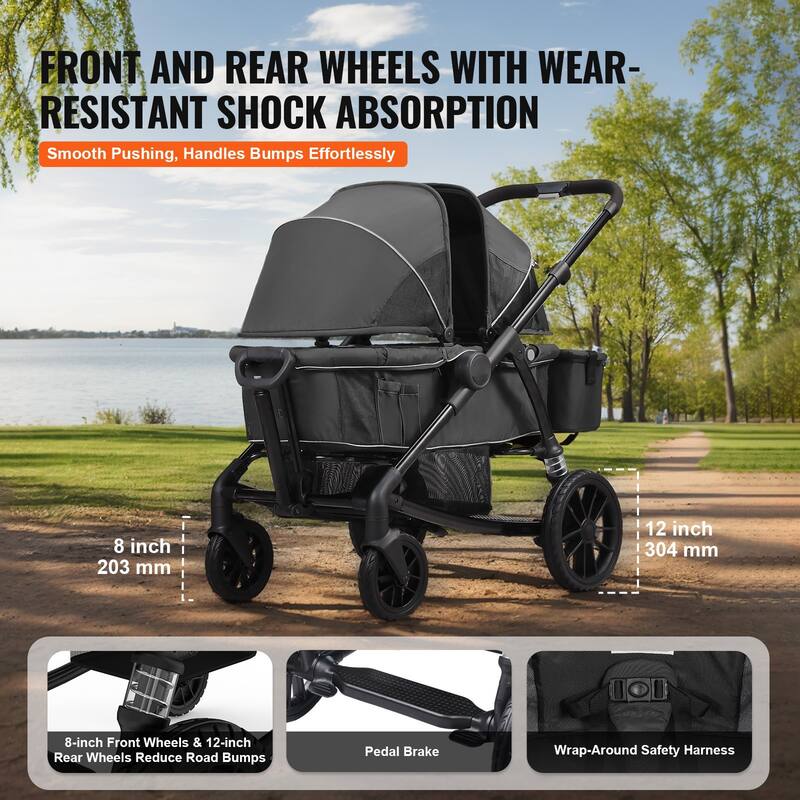 Carbon Steel All-Terrain Stroller Wagon Foldable Twin with Canopy and Tray - 47.2” L x 27.2” W x 42.1” H