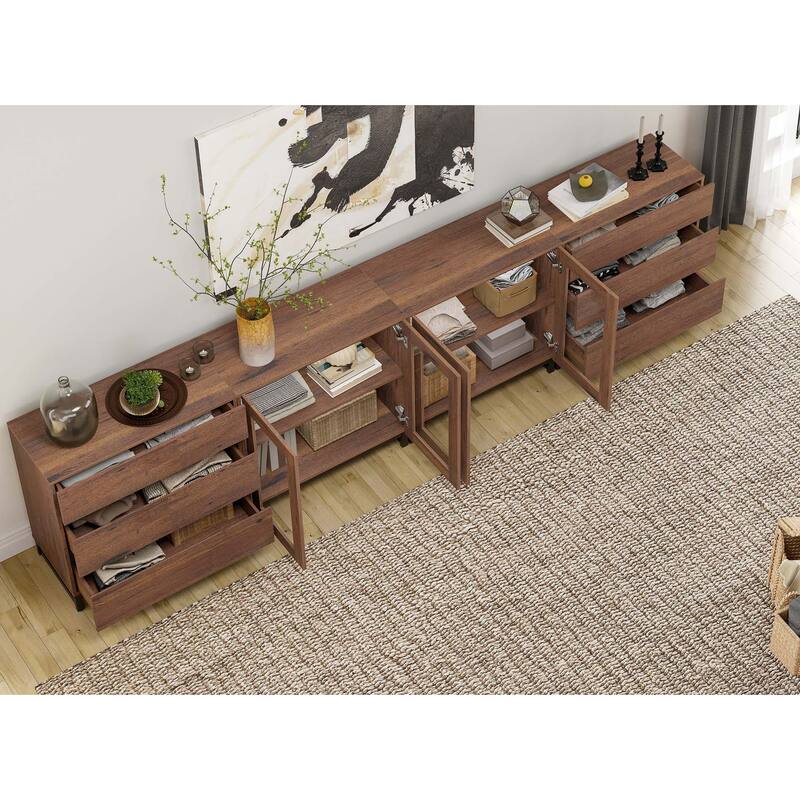 4 in 1 Storage Cabinet with 6 Drawers & Glass Doors, Modern Sideboard Credenza with Adjustable Shelves, Coffee Bar for Kitchen