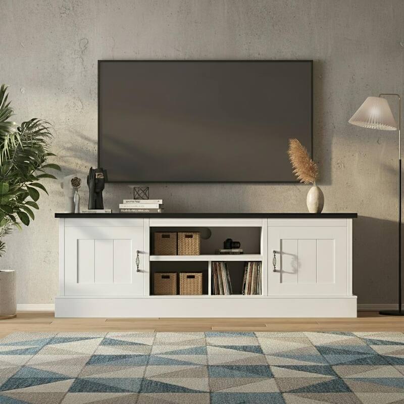 Farmhouse TV Stand, with Storage Cabinets - Black+White