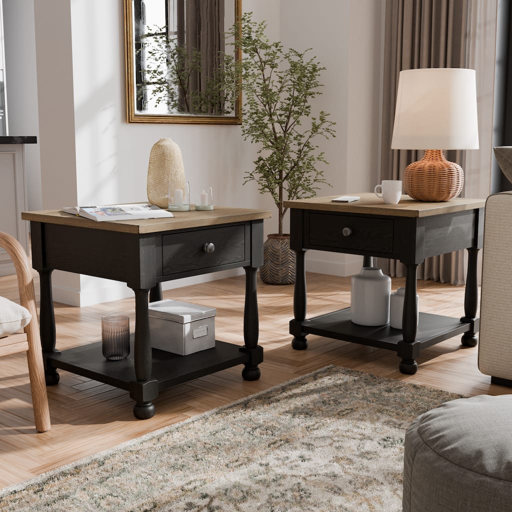 Furniture of America Lucan Farmhouse Weathered Black Acacia Wood 2-Piece End Table Set