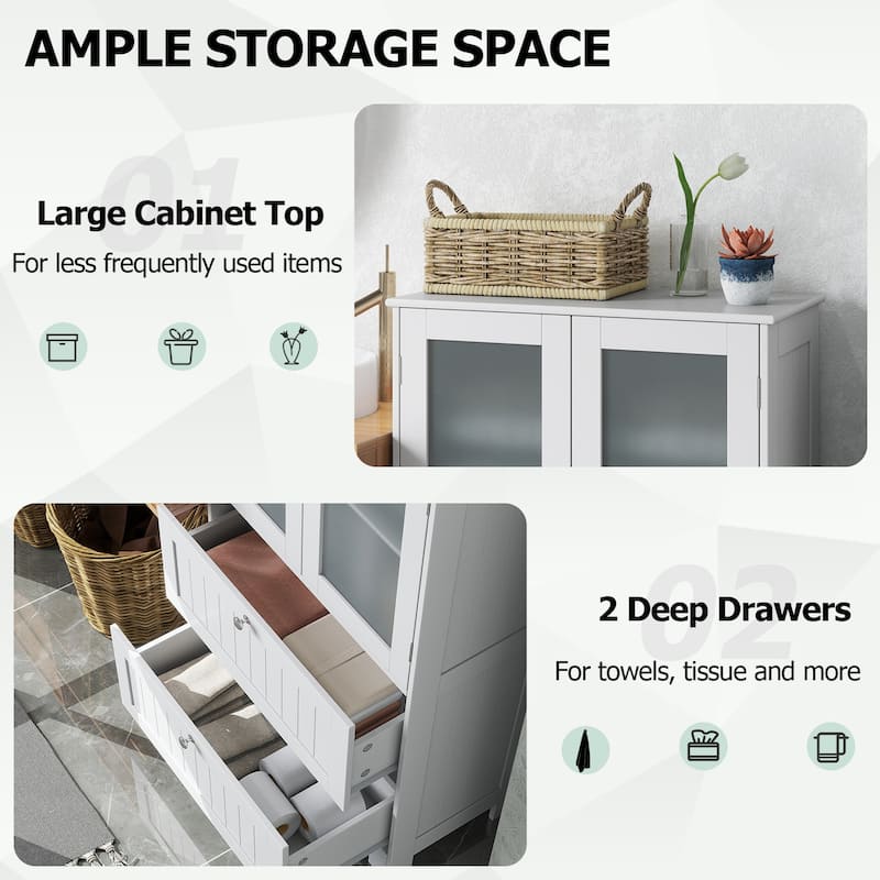 White Freestanding Floor Storage Cabinet with Glass Doors and 2 Drawers and Adjustable Shelf for Bathroom - 23.5" x 12" x 42.5"