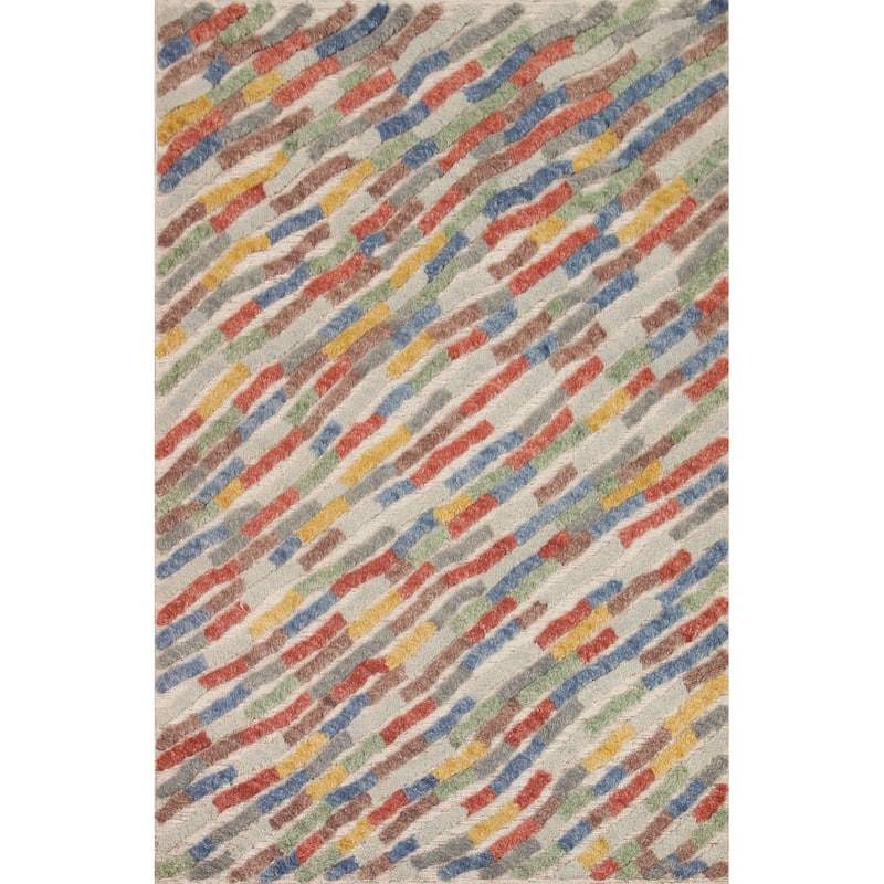 Hand Knotted Oriental 100% Wool Carpet Modern Stripe Multi-Colored Abstract Area Rug - 7' 9'' X 5' 8''