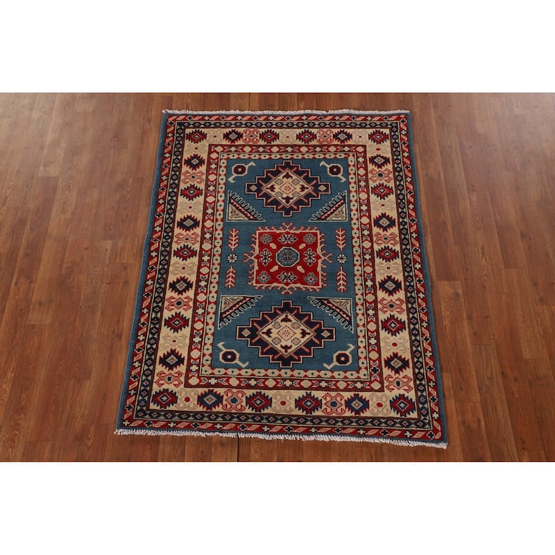 Blue Geometric Kazak Oriental Accent Rug Hand-Knotted Wool Carpet - 3'6"x 4'6"