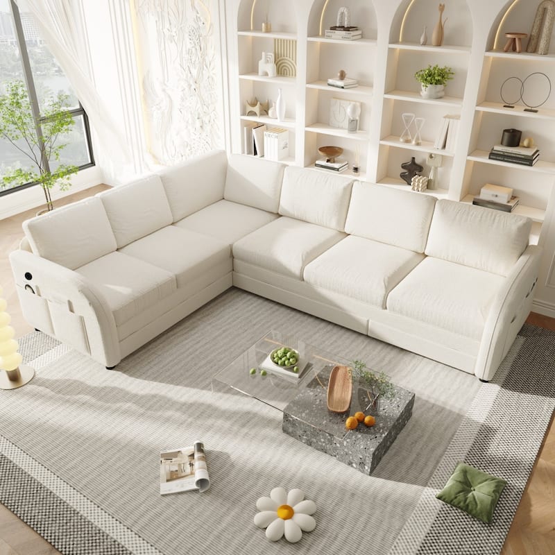 115.2" L-Shaped Teddy Sectional Sofa with Pull-Out Bed