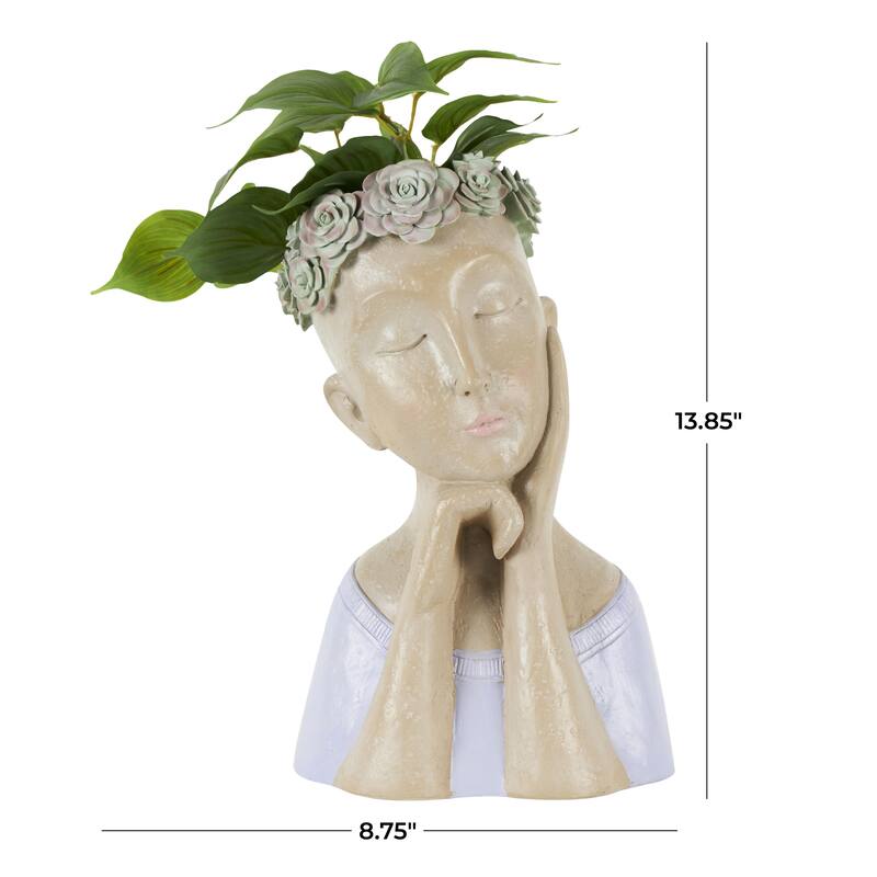 Resin Woman Bust Indoor Outdoor Planter with Succulent or Flower Crown and Orange or Blue Top - Beige - Roche River Decor