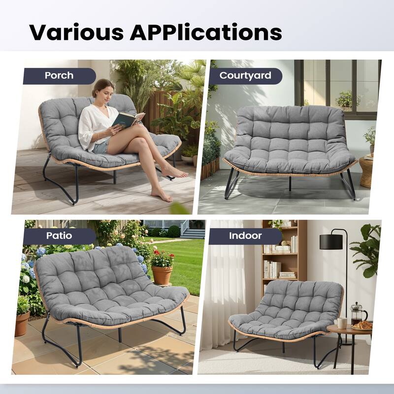 Double Papasan PE Rattan Chair Loveseat with Cushion For Indoor Outdoor