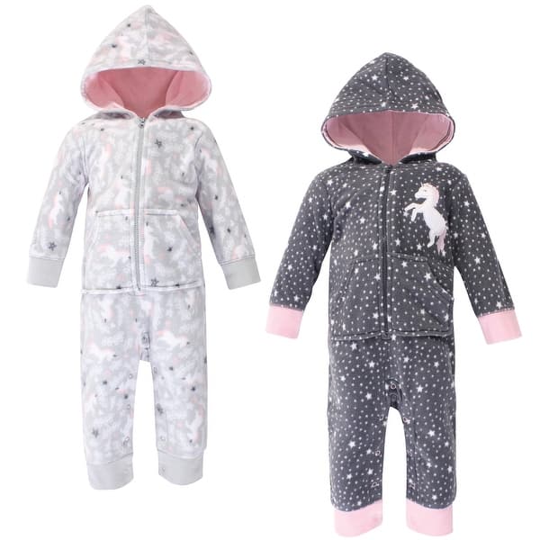 slide 1 of 1, Hudson Baby Infant Girl Fleece Jumpsuits, Coveralls, and Playsuits 2pk, Whimsical Unicorn 0 - 3 Months - Grey/Pink