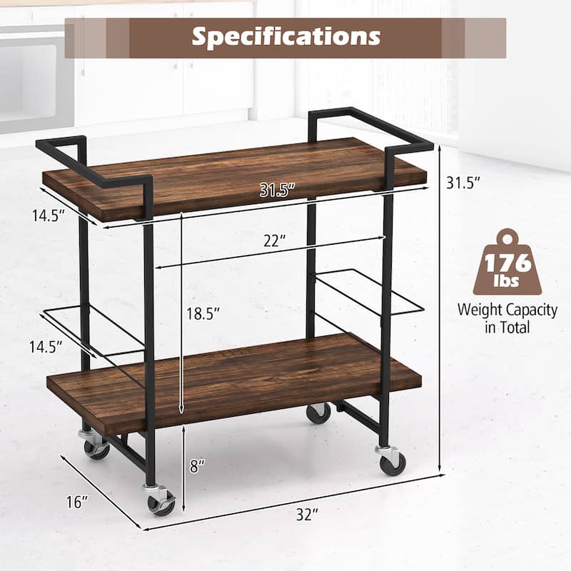 Gymax Home Bar Cart 2-tier Home Bar Cart w/ Lockable Wheels &