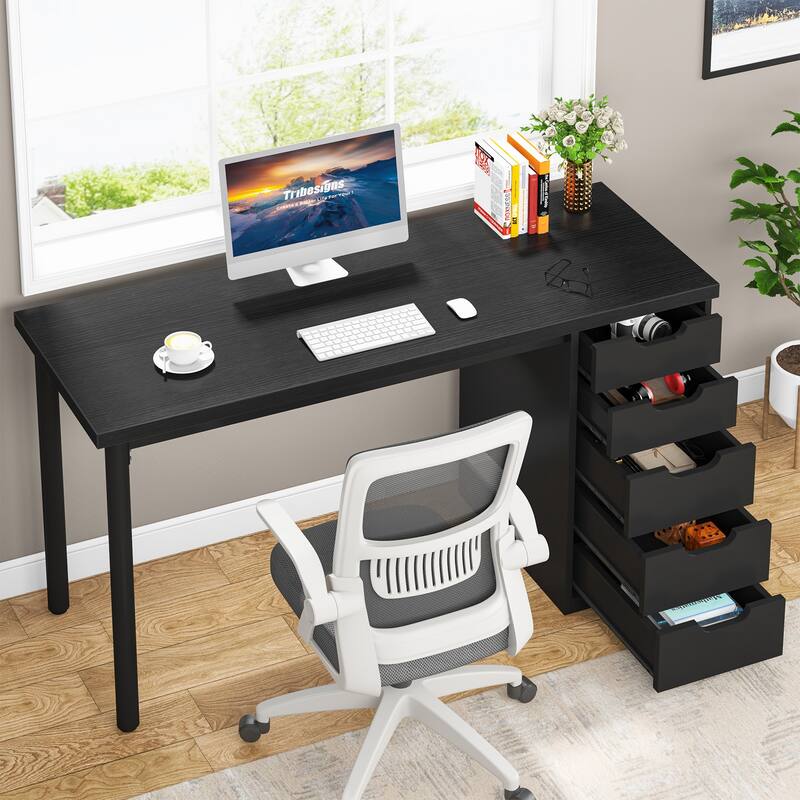 Modern Computer Desk with 5 Reversible Drawers, Storage Home Office Desk, PC/Laptop Desk, Study Writing Table Workstation