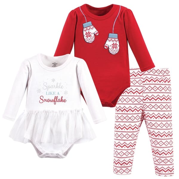 slide 1 of 1, Little Treasure Baby Girl Cotton Bodysuit and Pant Set, Snowflake Mittens 0-3 Months - Snowflake Mittens