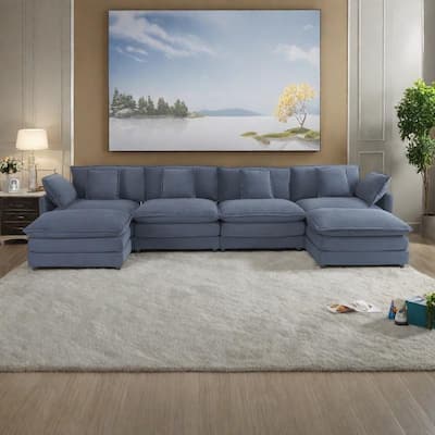 149.6" Corduroy U-Shaped Sectional Sofa with 2 Ottomans and Storage Pockets