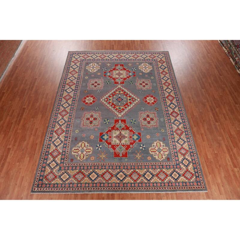 Hand Knotted Oriental 100% Wool Carpet Traditional Geometric Greys & Charcoal Kazak Area Rug - 13' 0'' X 9' 8''